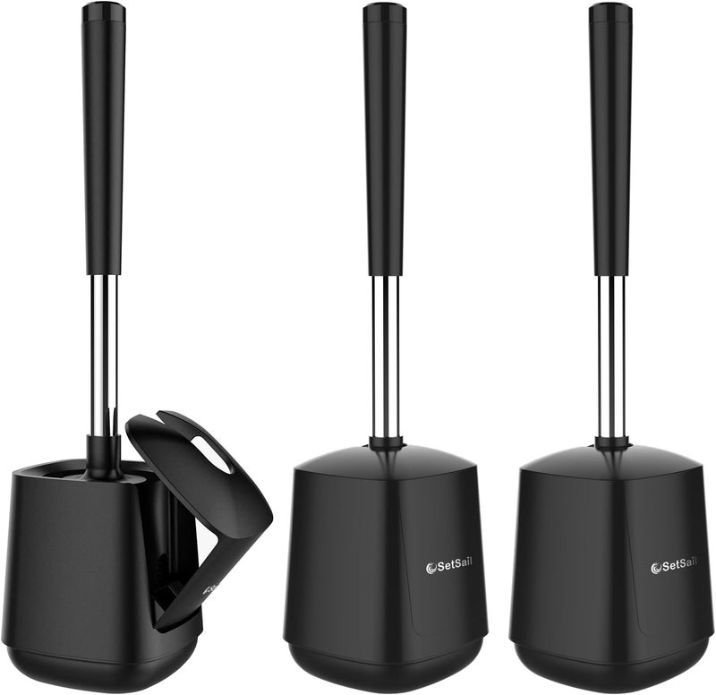 SetSail Toilet Brush and Holder 3 Pack, Self Closing Lid Toilet Bowl Brushes Holder Extra Long Handle Ventilated Toilet Brush Set for Bathroom Cleaning, Nylon Bristles, Black - Image 1